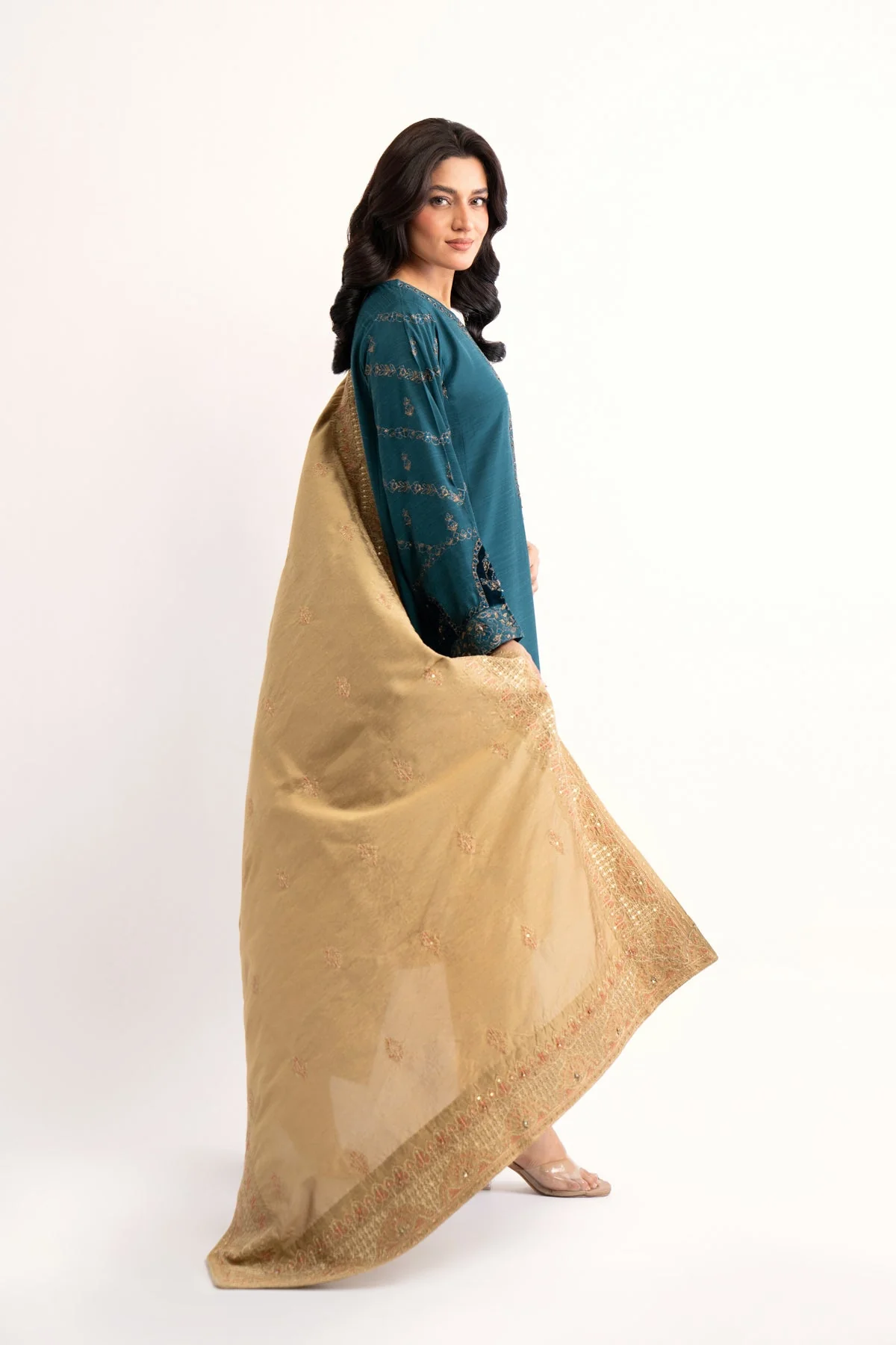 1 Piece Golden Beige Embroidered Shawl (AA5452) - Image 3