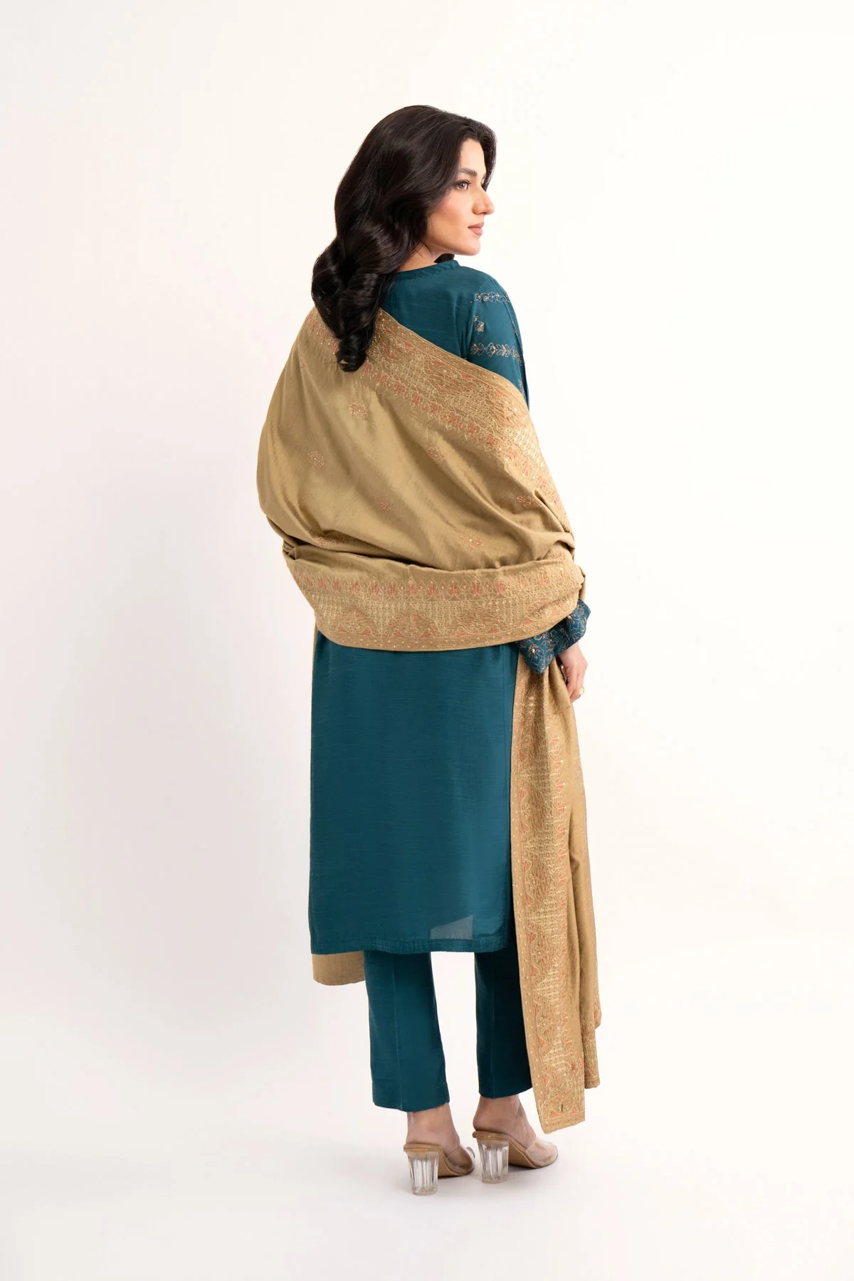 1 Piece Golden Beige Embroidered Shawl (AA5452) - Image 4