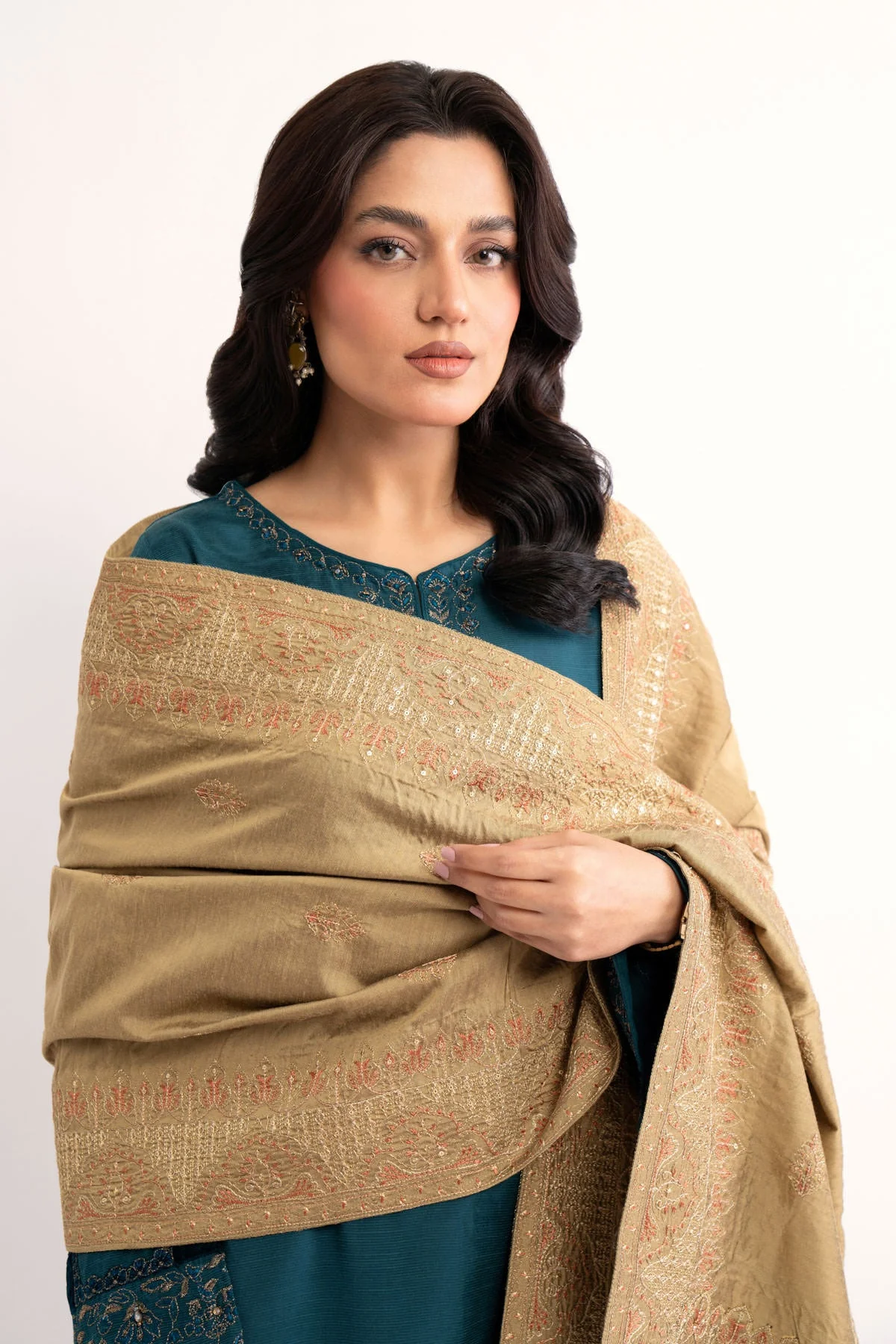 1 Piece Golden Beige Embroidered Shawl (AA5452) - Image 5