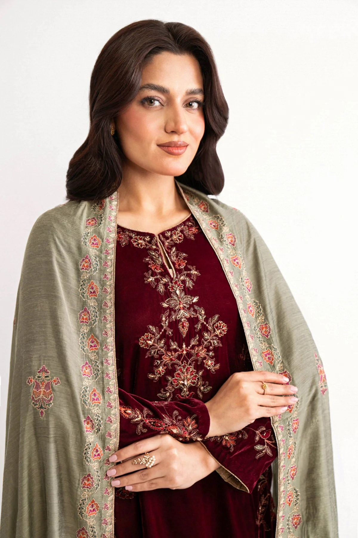 1 Piece Pistacio Green Embroidered Shawl (AA5454) - Image 6