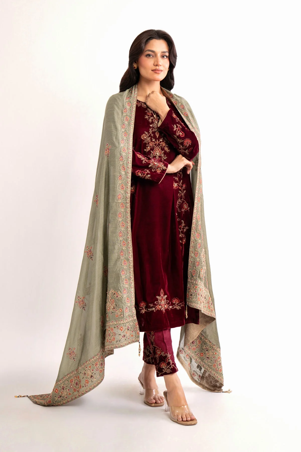 1 Piece Pistacio Green Embroidered Shawl (AA5454) - Image 7